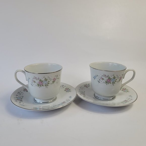 TWO Carlton Corsage China Cup & Saucer Sets Pink Blue & White Flowers on… - Picture 1 of 15